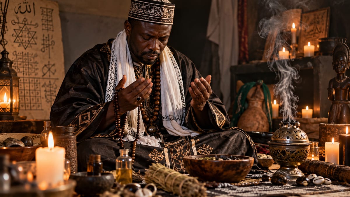 Marabout en prière devant son autel, mains ouvertes