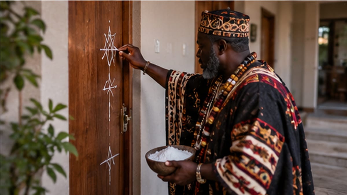 Signes de protection tracés sur une porte d'entrée