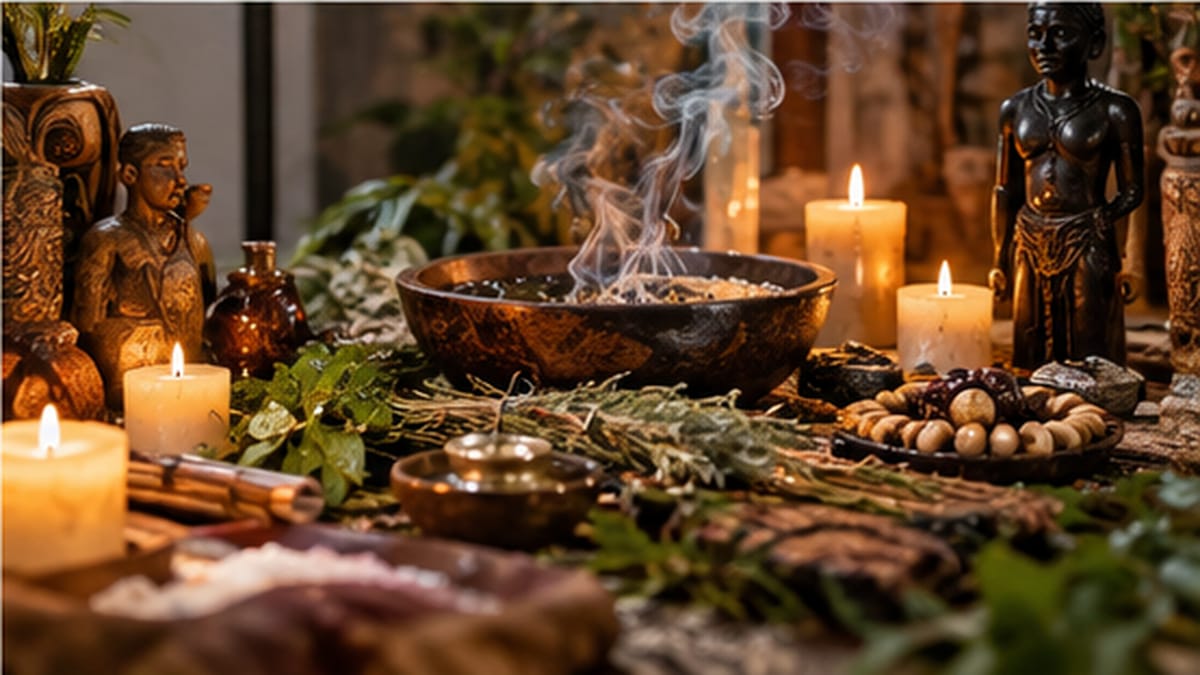 Autel de purification : bol d'encens, bougies et plantes